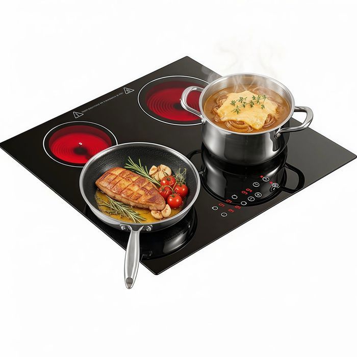 Plaque Vitrocéramique 4 feux Plaque de cuisson Electrique 60cm 6000W 9 Niveaux Minuterie 1-99 minPour toutes les Casseroles