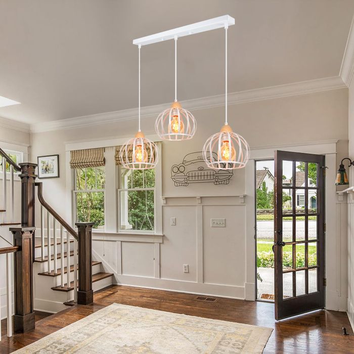 Lustre Suspension - iDEGU - Cage - Bois et Métal - 3 Lampes - Blanc