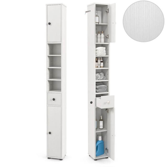 COSTWAY Meuble Colonne de Salle de Bain avec 2 Placards à Porte 1 Tiroir et 4 Étagères Réglables 20 x 20 x 180 cm Blanc