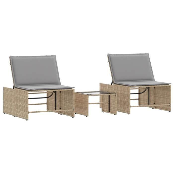 MGH - NEUF Chaises longues lot de 2 - Bain de soleil avec table beige résine tressée CC1018