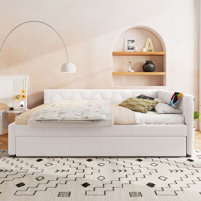 Lit Gigogne 140x200 cm canapé-lit avec sommier à lattes avec lampe de chevet port USB type C Blanc Lit Gigogne 140x200 cm canapé-lit avec sommier à lattes avec lampe de chevet port USB type C Blanc