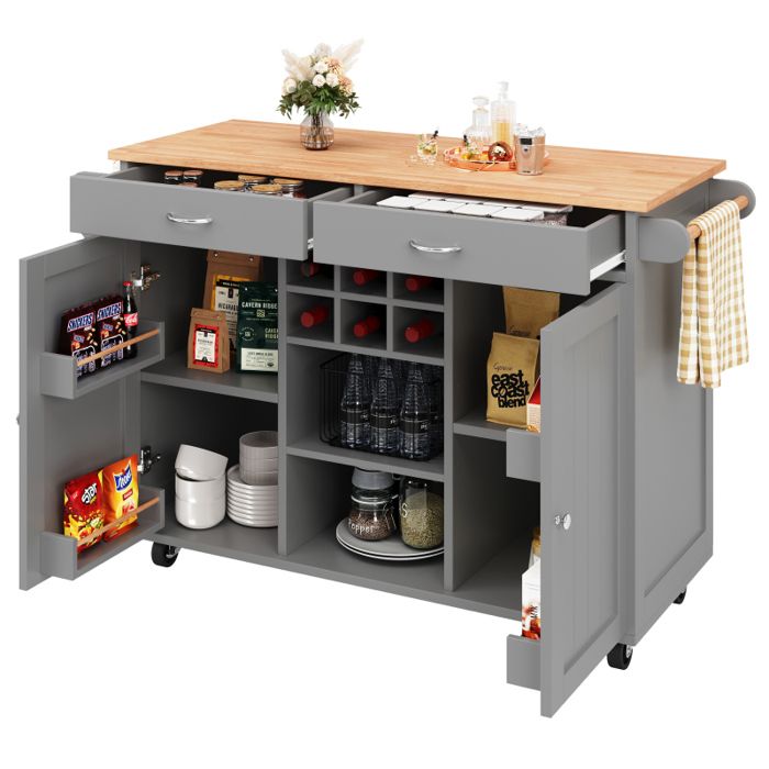 Desserte Bîlot de Cuisine moderne à Roulettes Plateau avec Grand Placard2 TiroirsPorte-Serviettes-102×45×92cmGris