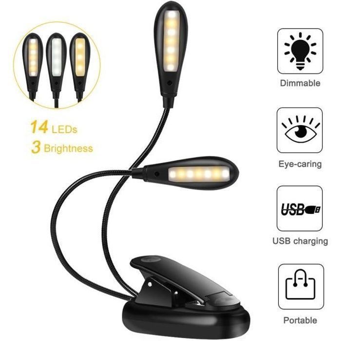 Lampe de lecture rechargeable et oculaire USB à 14 LED à pince flexible en B-CWU