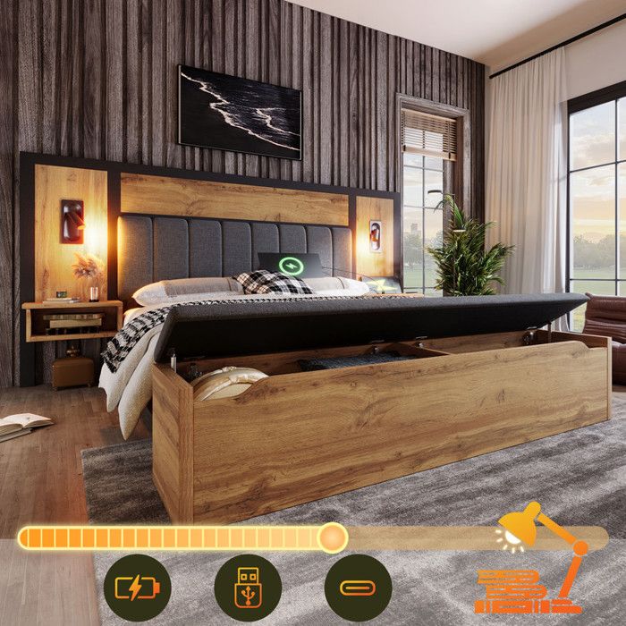 Lit double 160x200 cm avec éclairage LED et USB lit coffre adulte tête de lit en lin et tiroirs de rangement cadre de lit chêne