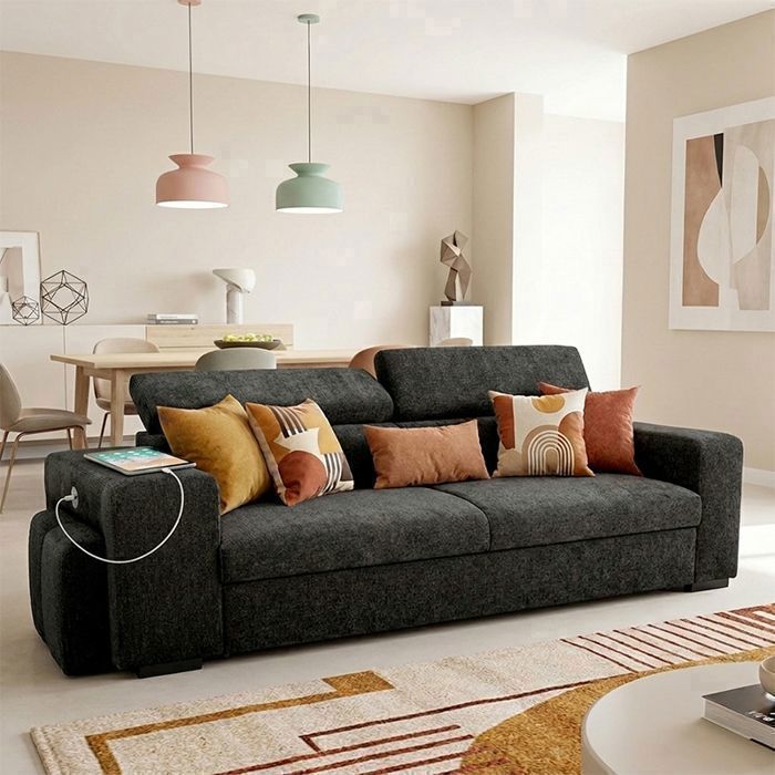 SIRIUS canapé droit reversible convertible Noir light black (tissu lisse) - Taille S - 3 places - 251 x 100 x 96