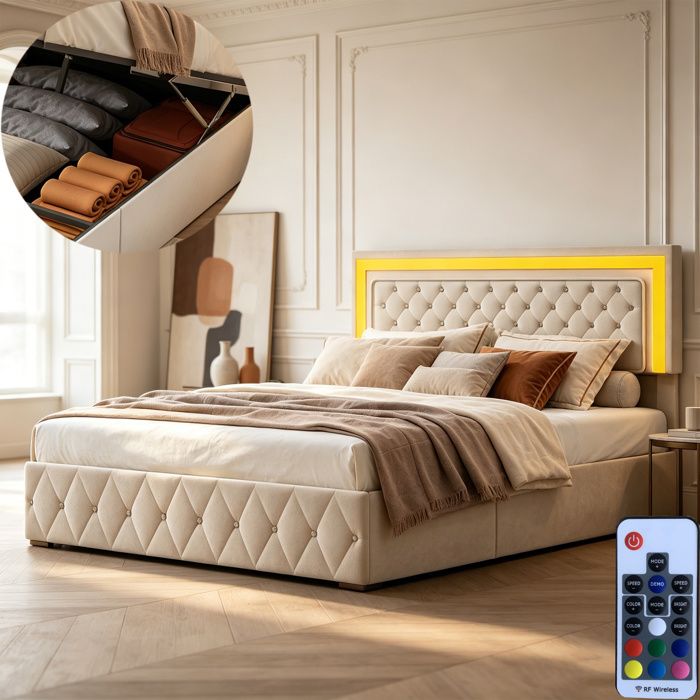Lit 160x200 cm - COZY - LED - tissu en velours - sommier à lattes - cadre de lit adulte 160x200 cm - beige Lit 160x200 cm - COZY - LED - tissu en velours - sommier à lattes - cadre de lit adulte 160x200 cm - beige