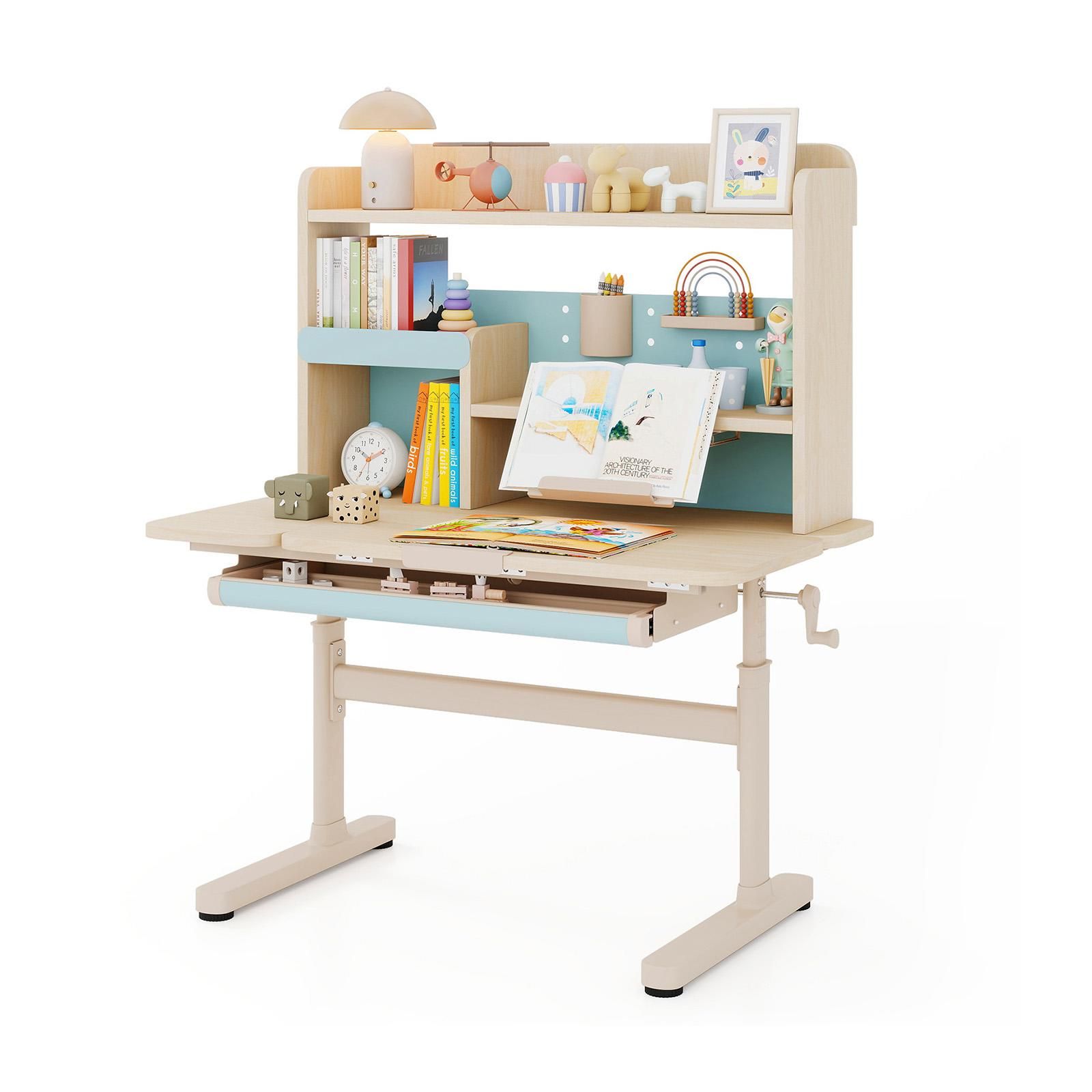DREAMADE Bureau pour Enfants avec Étagère Bureau Enfants de 3-12 Ans Réglable en Hauteur Plateau Réglable Porte-stylo Bleu