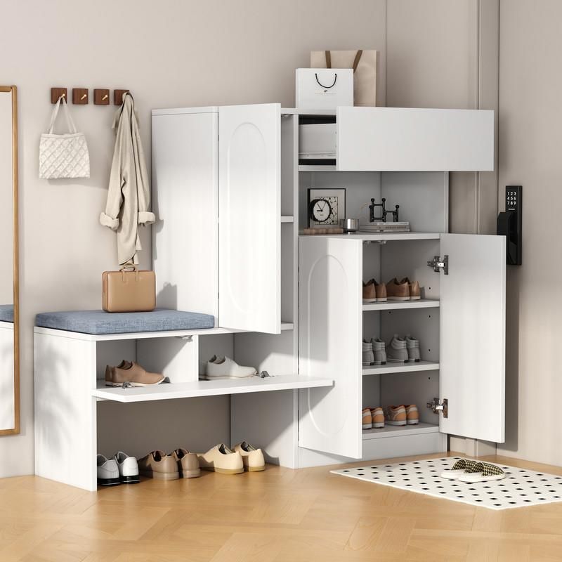Meuble de Rangement à Chaussure avec Coussin Dassise - 4 Portes et 1 Tiroir - Banc à chaussures - 130×35×110 cm - Panneaux Blanc