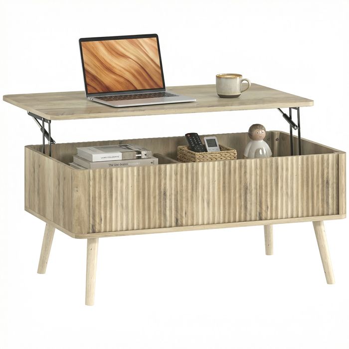 Table basse relevable - HOMCOM - 2 compartiments cachés et pieds en pin - MDF - 91 x 56 x 43 cm - chêne