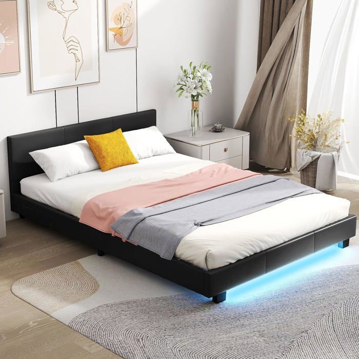 Lit Double 140 x 200 CM COSTWAY en Simili Cuir Bandes LED Tête de Lit Sommier à Lattes en Bois Lit Adulte Charge 300 kg Noir