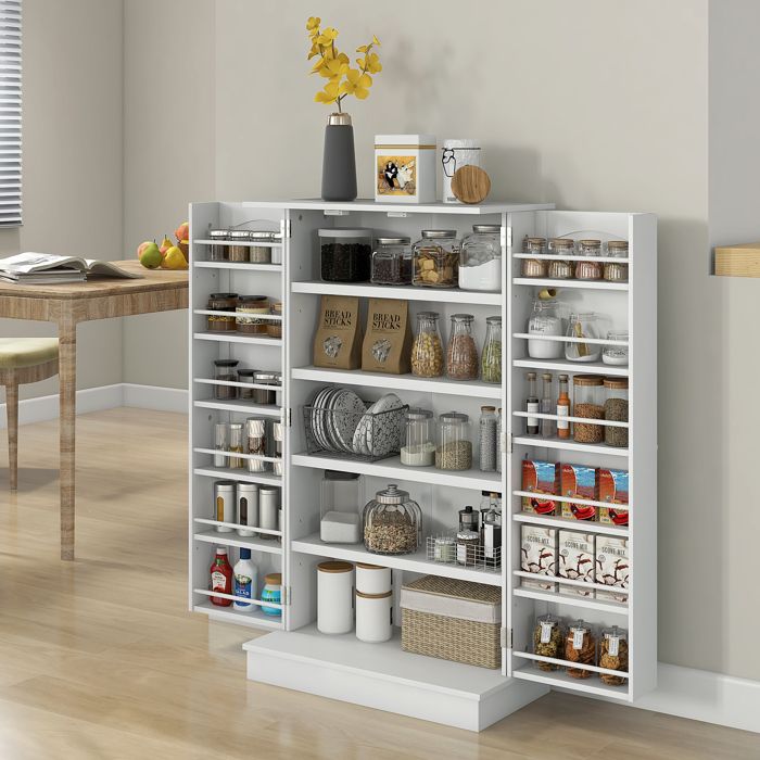 Armoire meuble de cuisine garde-manger 2 portes avec 5 étagères et 12 porte-épices - 60 x 30 x 104 cm - blanc