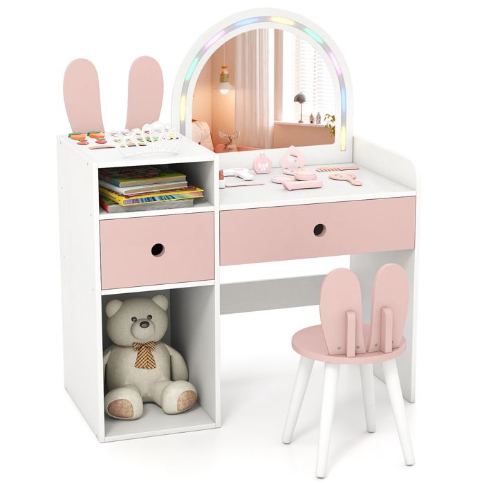 COSTWAY Coiffeuse avec Chaise en Lapin pour Enfants - Miroir Lumineux - 2 Tiroirs - Étagères Ouvertes de Rangement Blanc COSTWAY Coiffeuse avec Chaise en Lapin pour Enfants - Miroir Lumineux - 2 Tiroirs - Étagères Ouvertes de Rangement Blanc