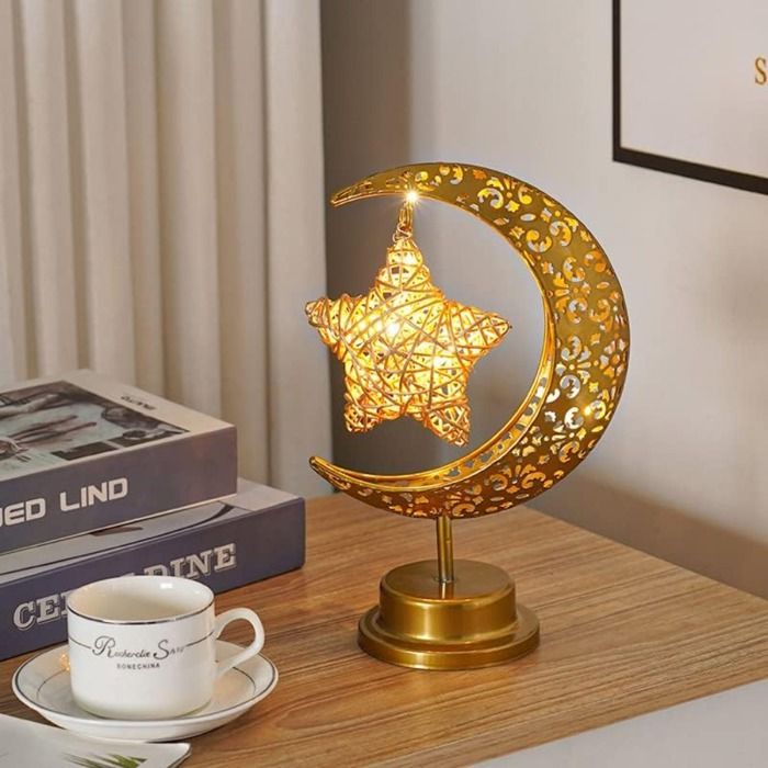 Lampe de Table en Métal en Forme de Lune – Guirlande Lumineuse LED Décoration de Table Élégante pour Ramadan et Fêtes Religieuses