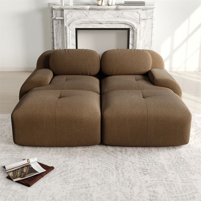 DRIPEX Canapé modulable en velours côtelé - 2 places - avec 2 oreillers et 2 poufs - dessous antidérapant - 208x178x70cm - Marron