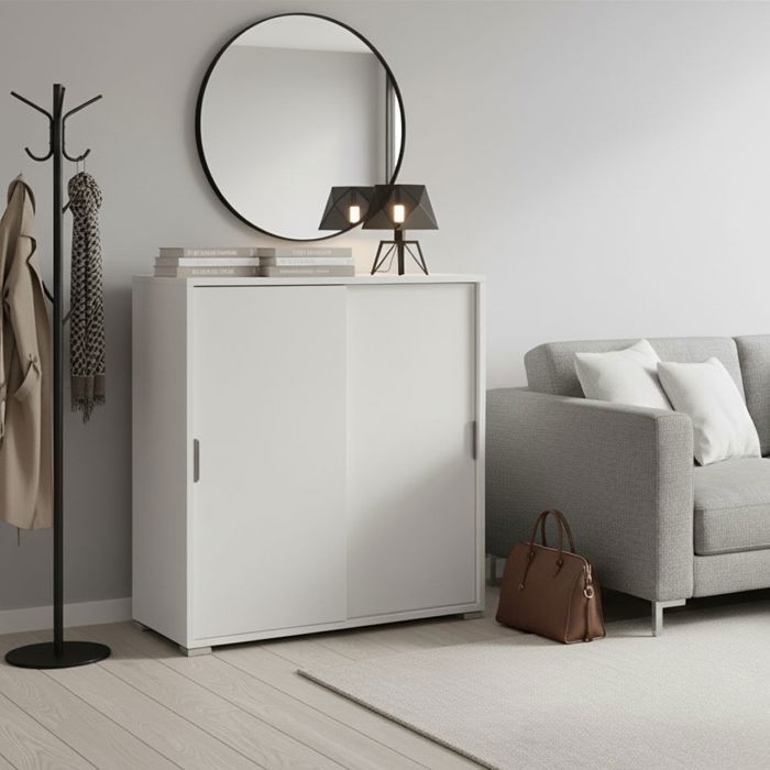Meuble bas - THE WHITE STONE - L75×P38×H85 cm - 2 portes coulissantes - 2 étagères réglables - Livré monté Meuble bas - THE WHITE STONE - L75×P38×H85 cm - 2 portes coulissantes - 2 étagères réglables - Livré monté