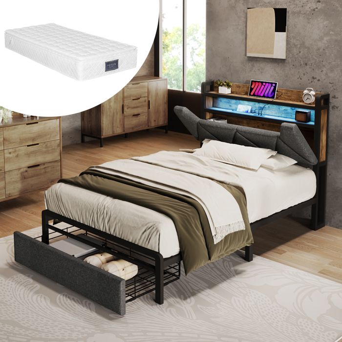Lit 90x200 rembourré gris avec LED tête de lit rangement & USB‑C tiroirs sommier métal matelas 25 cm inclus