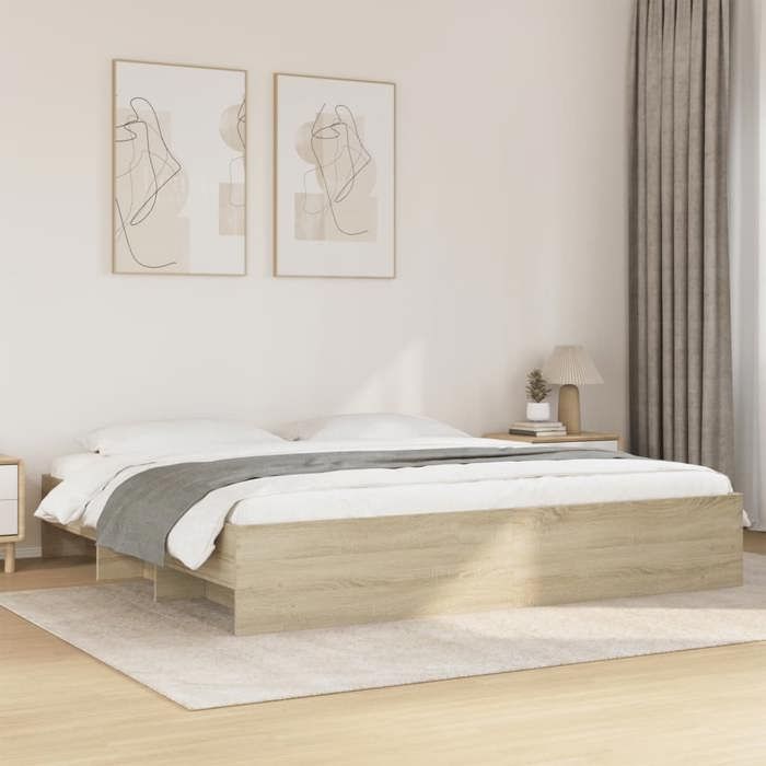 Structure de lit chêne sonoma - UU - 180x200 cm - Bois dingénierie - Contreplaqué - Compartiments de rangement