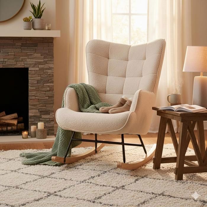 Fauteuil à Bascule - Scandinave - Dossier Capitonnée en carré - Balancelle Relaxante - 68x75x92cm -  Velours Teddy Beige