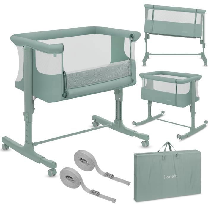 Lit bébé cododo 3en1 LIONELO Aurora - Réglable en hauteur et inclinaison - Matelas et sac inclus - Sage
