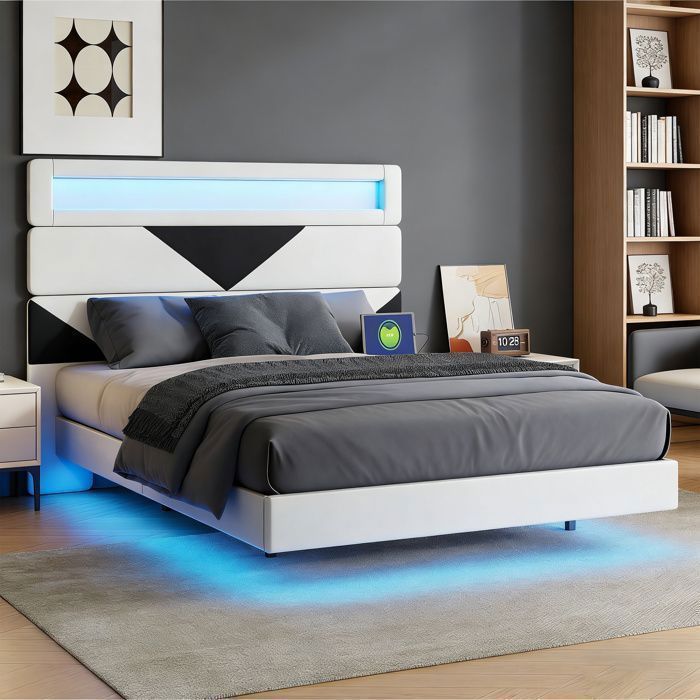 Lit double - Lit flottant 160x200 - Velours multicolore - LED intégrée & multiprise USB/Type-C - Sommier inclus