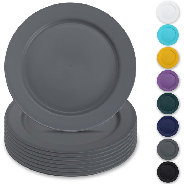 Assiettes en plastique réutilisables - DOK - 8 pièces - 25 cm - Gris - Vaisselle légère - Facile à transporter