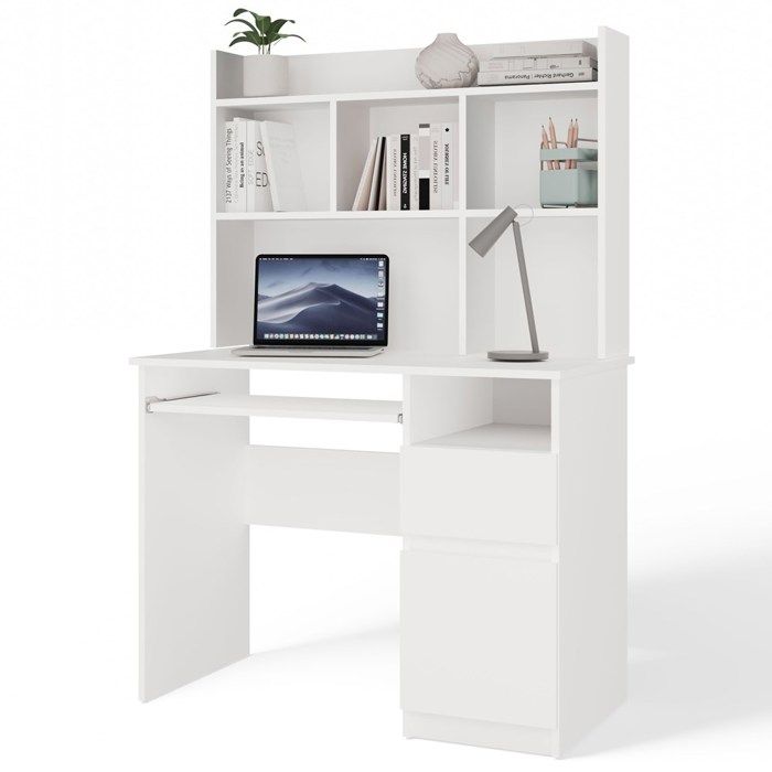 PORTO DROIT - Bureau 98×51×145 cm 3 tiroirs et rayons avec étagère supérieure pour bureau / chambre - Blanc