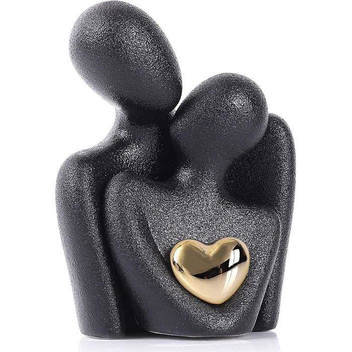 Statuette Couple Romantique en Céramique Noire 12 cm Sculpture Abstraite avec Cœur Doré Figurine Amour pour Décoration 12 Cm Noir