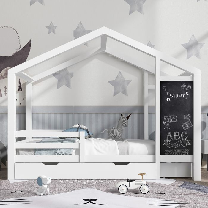 Lit cabane enfant 90 x 200 cm avec tableau noir 2 tiroirs & barrières pin massif blanc (sans matelas)
