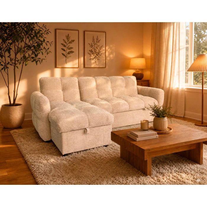Octave - Canapé dangle réversible 4 places convertible avec coffre en velours texturé - Beige