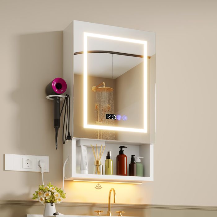 Armoire miroir salle de bain LED - Antibuée Capteur LED 3 couleurs tactile - Étagères de rangement à 4 niveaux - 2AC/2USB prise-80CM