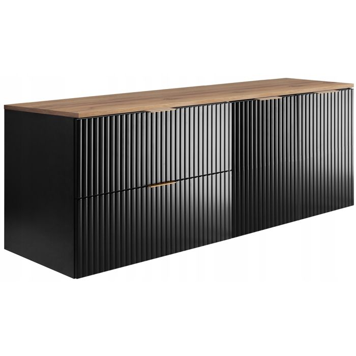 Meuble sous Lavabo FLOW 160 cm - Façades rainurées - avec plan de travail - Noir / Chêne artisanal - 160x46x57 cm