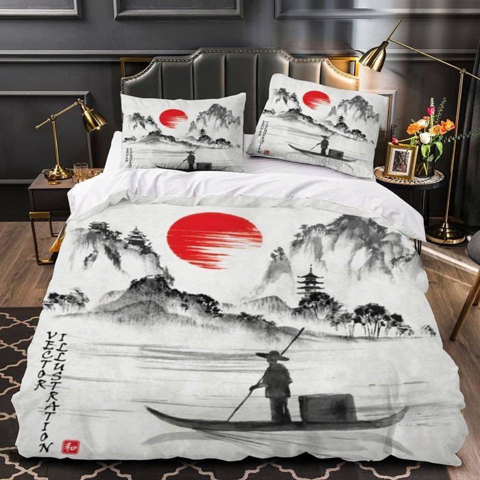 Parure De Lit 200x200 Japon 3D Motif Aquarelle Vintage Housse de Couette Literie Enfant Garcon 2 Taies doreiller 50x75cm
