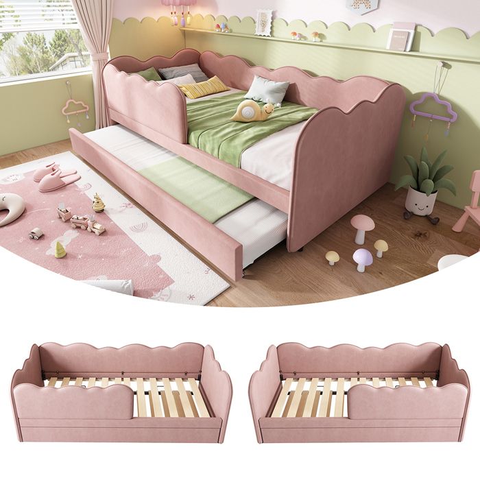 Lit simple rembourré 90x190 cm avec lit gigogne Lit enfant avec sommier à lattes Tissu velours Rose