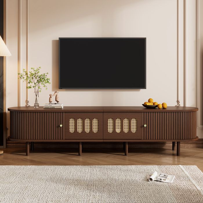 Meuble TV - KOMHTOM - Oval 180x40x40 cm - Noyer foncé - Design cannage - Pour TV 80 pouces Meuble TV - KOMHTOM - Oval 180x40x40 cm - Noyer foncé - Design cannage - Pour TV 80 pouces