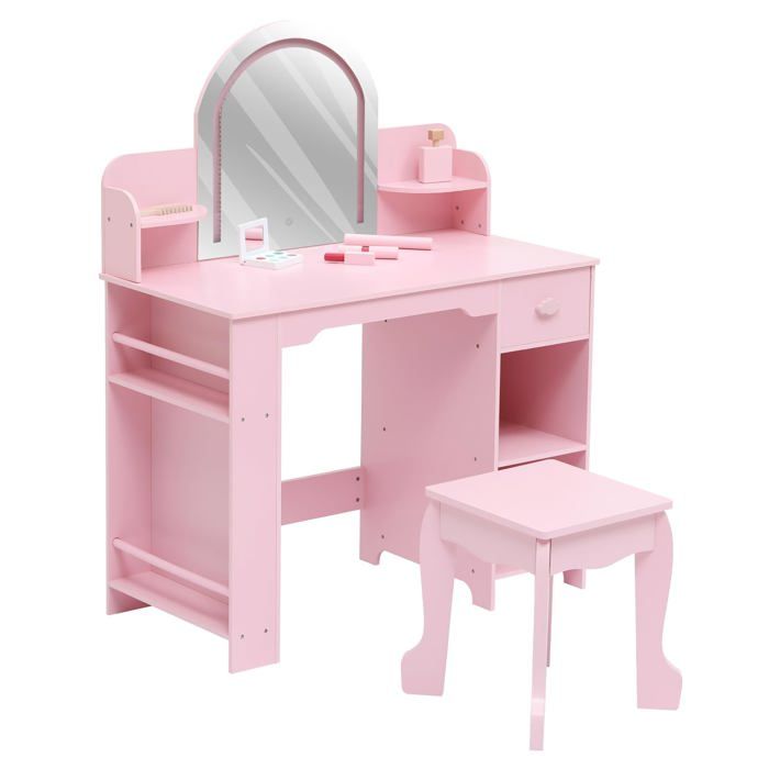 Coiffeuse enfant avec miroir LED - LUNSY - Dimensions 80x40x101 cm - Miroir lumineux LED - Tabouret inclus