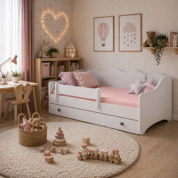 Lit enfant EMMA WHITE avec barrière et tiroir 140x70 – avec matelas