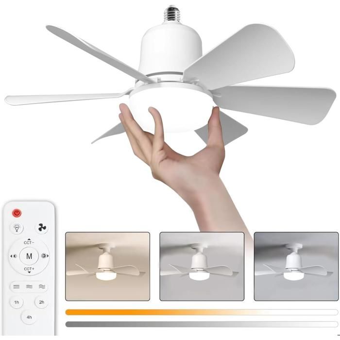 Ventilateur plafond avec lumiere 30W Lampe Ventilateur Plafond avec Douille E27 Dimmable LED pour Chambre Salon 3 Vitesses 6 Pales
