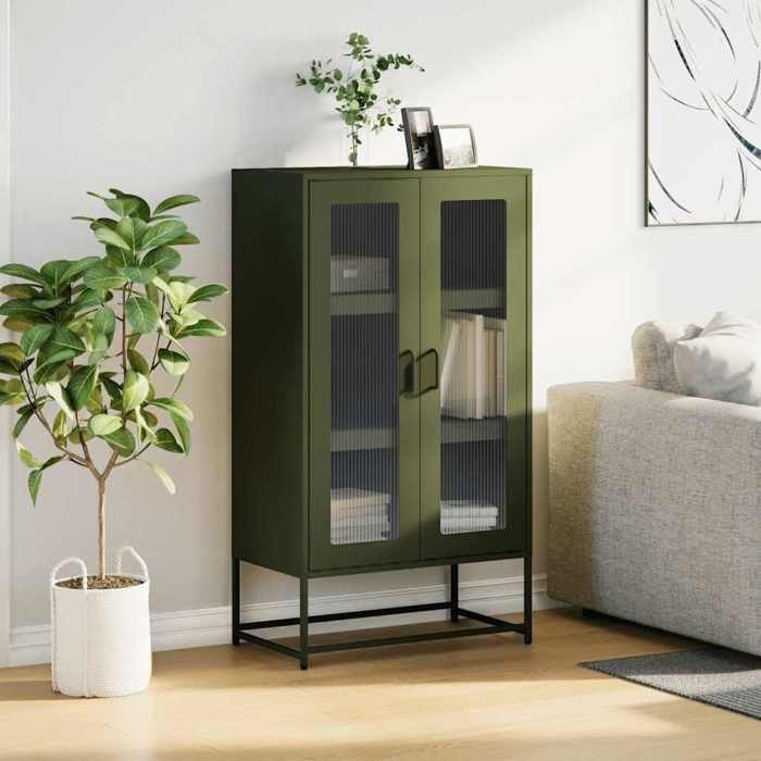 (16033)Meuble rangement - Buffet haut - contemporain - vert olive 68x39x123 cm acier poid:27.72 kg