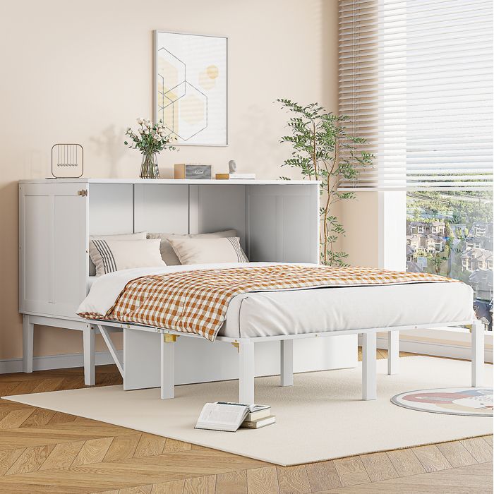 Lit Escamotable 140x200 cm - FloraGrace avec Sommier à Lattes Rangement Bas et Fonction Tablette sans Matelas - Blanc