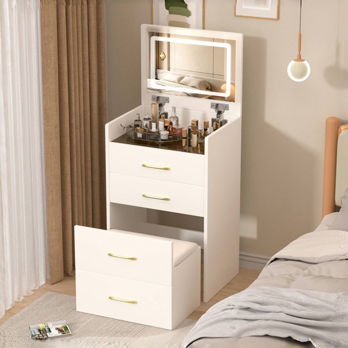 Coiffeuse 3 en 1 avec miroir rabattable 3 tiroirs et tabouret inclus - YEAVIO - chambre MDF blanc 60×40×118 cm
