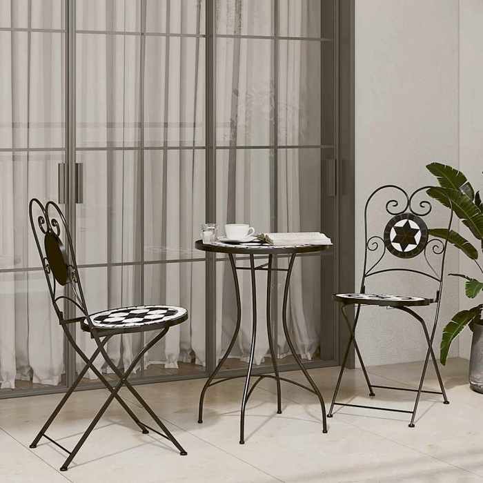 VIDAXL Ensemble de bistro mosaïque - 1 SET - noir et blanc fer et céramique 50x70 cm M10943