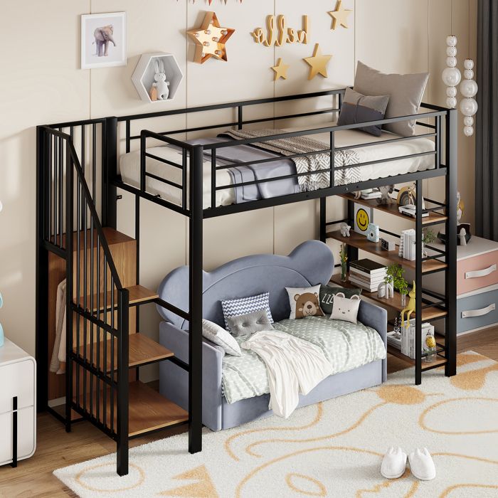 Lit Mezzanine 90x200 cm Noir Fer - Haute Clôture de Sécurité Escalier avec Rangements & Petit Placard Étagères Enfant/Jeunesse