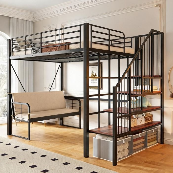Lit mezzanine métal noir 140x200 cm avec canapé convertible et rangement intégré