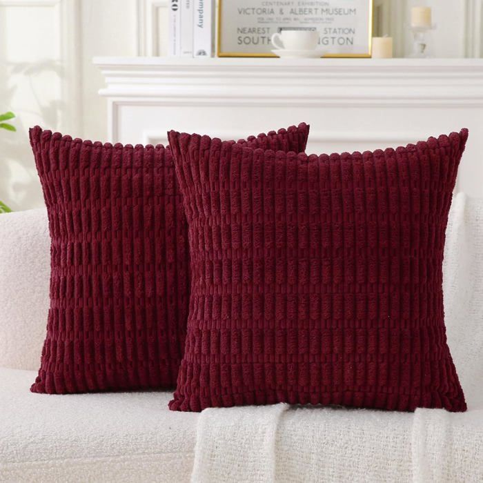 Lot de 2 coussins décoratifs en velours côtelé 45 x 45 cm rayés avec garnissage bordeaux canapé sofa