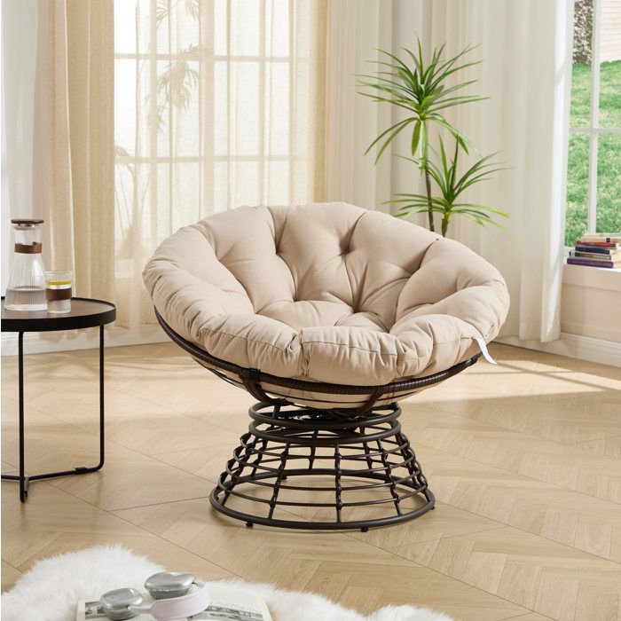 COVREO fauteuil papasan pivotant 360° avec coussin épais acier et rotin PE beige et marron