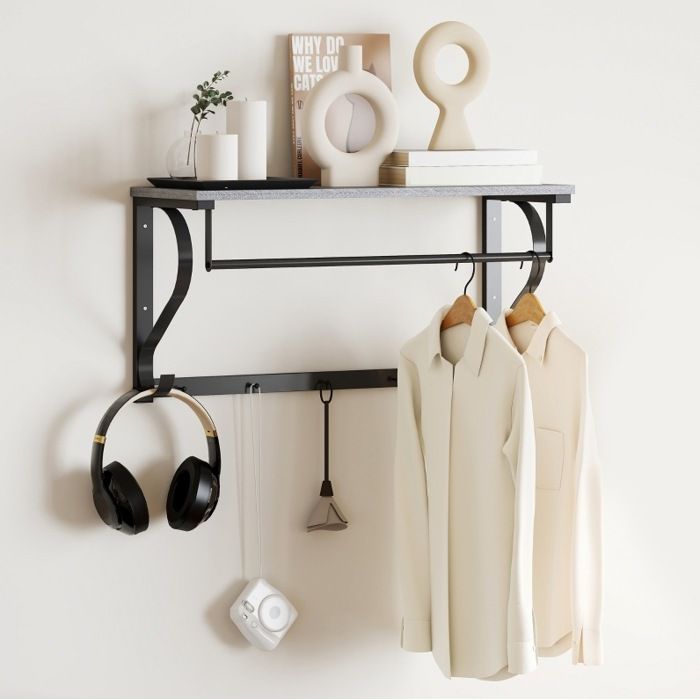 Porte-manteau mural vestiaire dentrée 3 en 1 avec étagère barre et 5 crochets gris et métal noir 70 cm ORVRYN