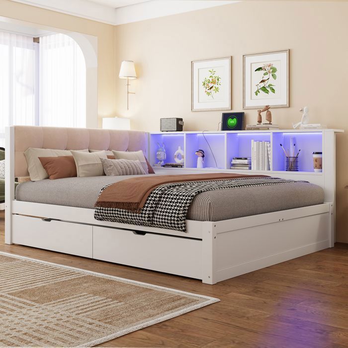 Lit banquette 140x200 cm avec 2 tiroirs de rangement Lit double enfant LED réglable et port USB étagères latérales Pin et MDF Blanc