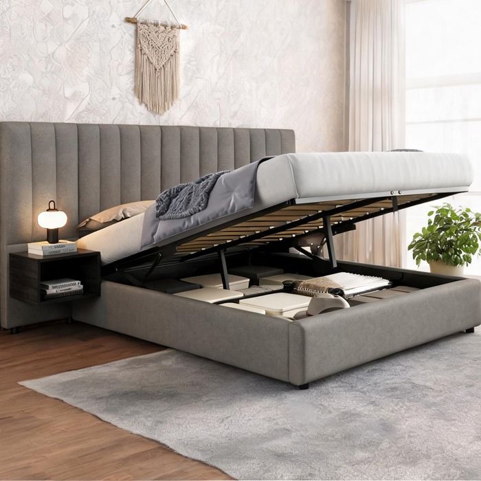 Lit coffre hydraulique en lin gris 160x200 cm avec sommier lattes et deux chevets à rangement noir veinage bois
