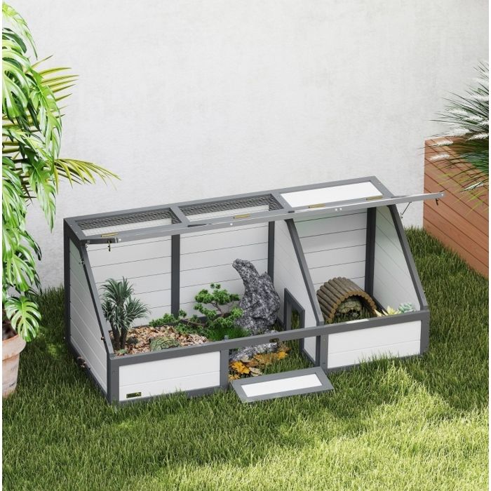 Enclos extérieur pour tortue sans fond 120 x 55 x 20/50 cm en bois de sapin blanc avec couvercles ouvrants
