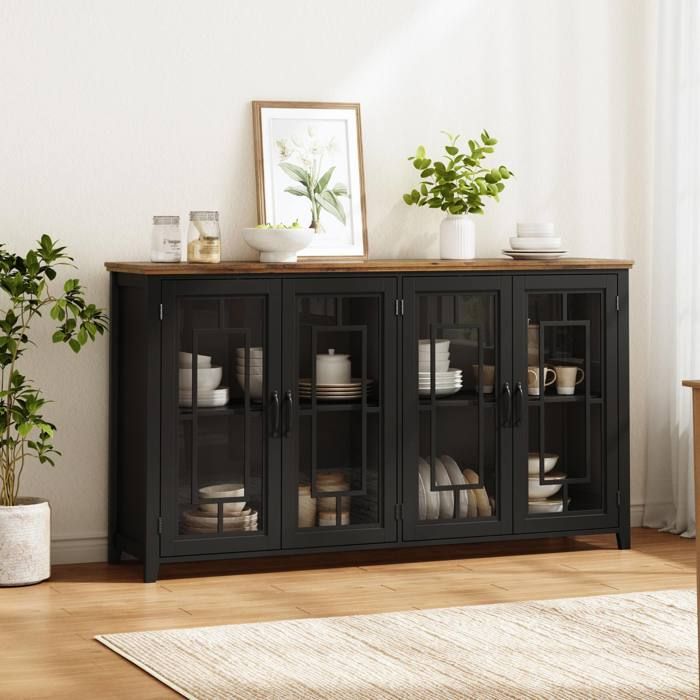 Buffet de cuisine 160 cm EVRYAE avec 4 portes vitrees 2 grands rangements plateau aspect bois noir